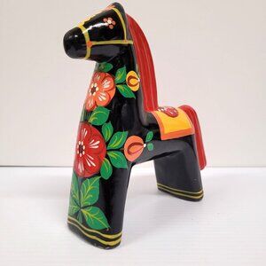 Black Russian Folk Art Hand Painted Wooden Horse Similar to Dala Horse 8 Inches